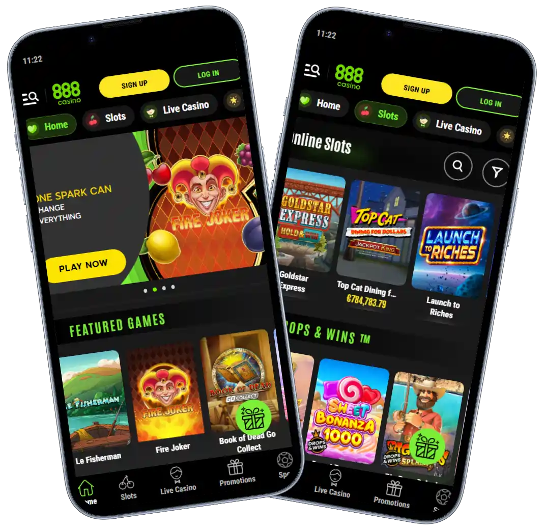888 Casino mobile app interface